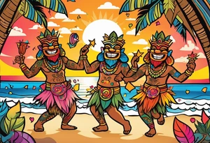 dancing tiki gods dance party on the beach with a sunset in the center of the image with confetti and music notes and tattoo idea