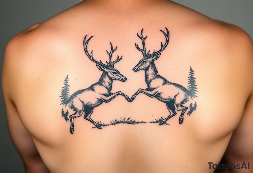 Photo realistic Vertical aligned nature scene with two deer fighting. 

This ai sucks tattoo idea