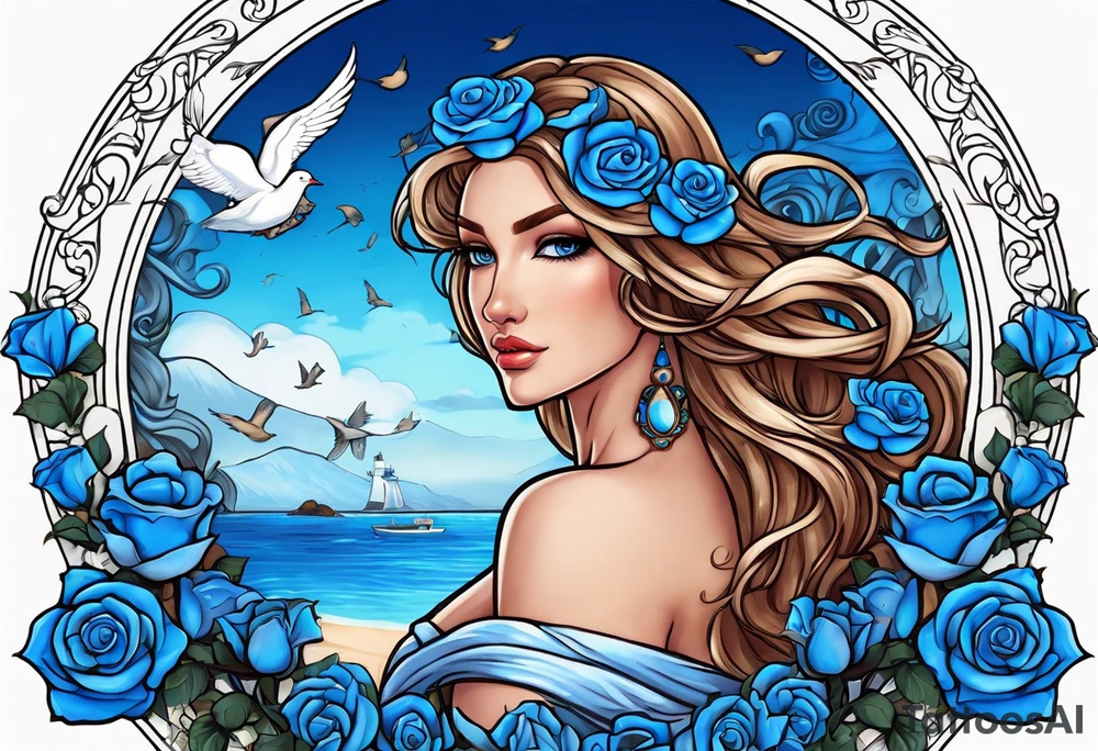 Aphrodite is the goddess of love, with a seaside background, surrounded by birds.. blue roses frames, background blue,present it in a tattoo tattoo idea