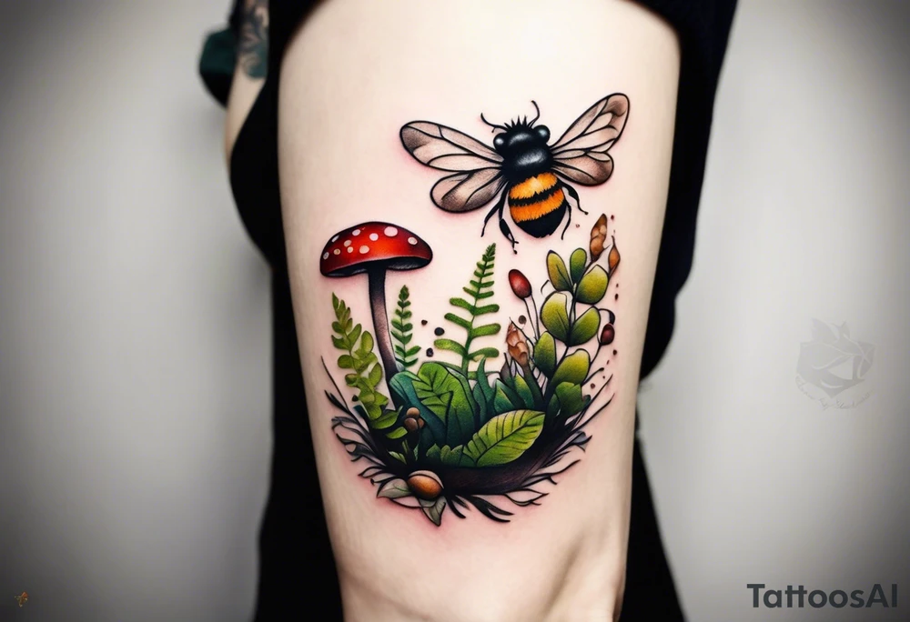 minimalistic forest floor inspired tattoo, which includes grass, moss, curly ferns and dead leaves as the bulk of the tattoo. details to include: forest berries, couple of very small brown mushrooms, a tiny bumblebee flying nearby tattoo idea