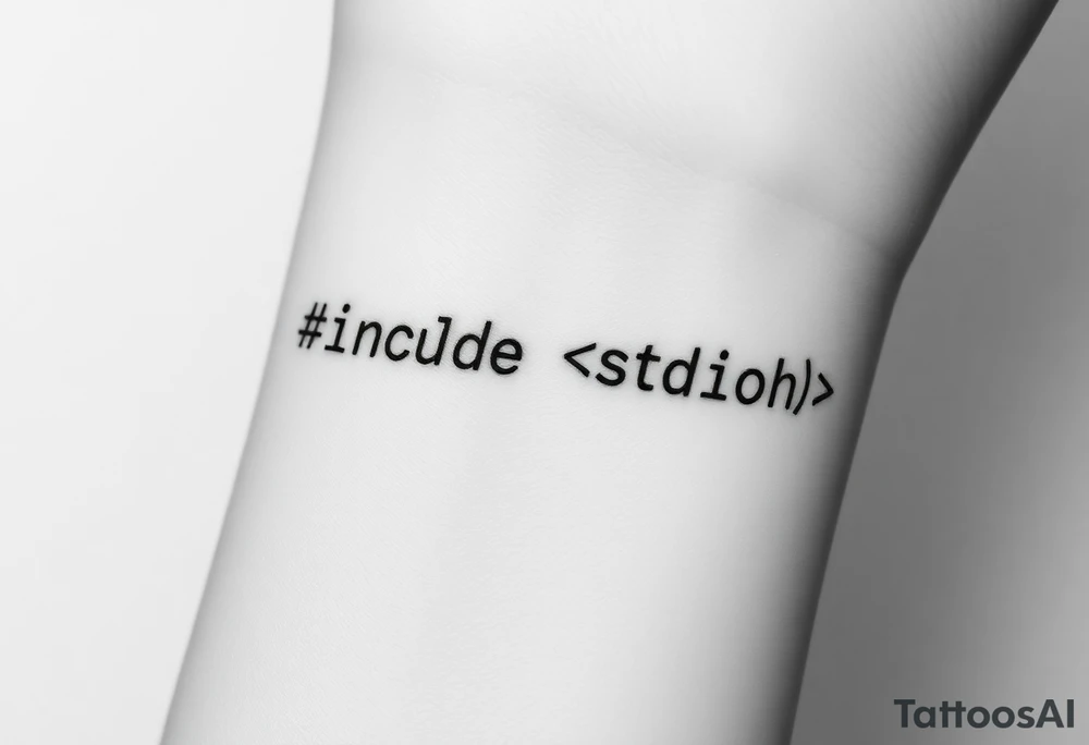 Minimalist black tattoo of the text "#include <stdio.h>" on a human wrist. Clean monospace font (programming style), thin lines, sharp and precise lettering. No colors, only solid black ink. Realistic skin texture, natural wrist curvature, subtle lighting. Simple and elegant composition, no additional elements or decorations. Focus on clarity and readability of the code text. tattoo idea