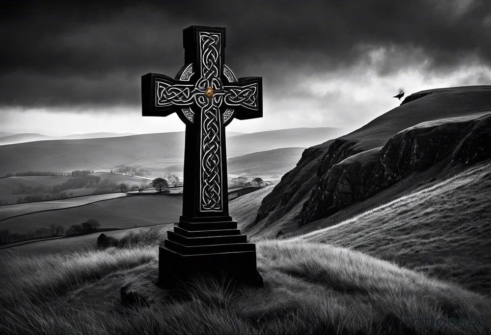 A monochromatic scene of a stone Celtic cross standing tall against a windswept hill. The intricate designs etched into the cross are starkly contrasted against its weathered, black surface. At the arm of the cross, a large raven perches elegantly, its ebony feathers seemingly absorbing the light. The bird's piercing eyes are fixed on something beyond the viewer's sight, lending an air of mystery to the already enigmatic monument. The surrounding landscape is desolate and barren, with the occasional tuft of brown grass struggling to survive the harsh elements. A veil of fog hovers just above the ground, adding to the eerie atmosphere and further isolating the cross from the world around it. The image evokes a sense of timelessness and the enduring strength of Celtic heritage, even in the face of the relentless march of time. tattoo idea