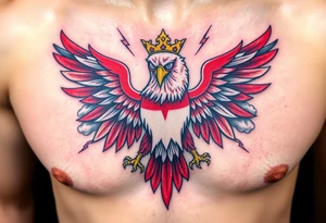 A red and white The Moravian eagle  with golden crown on its head surrounded by a storm, with dark clouds and lightning bolts tattoo idea