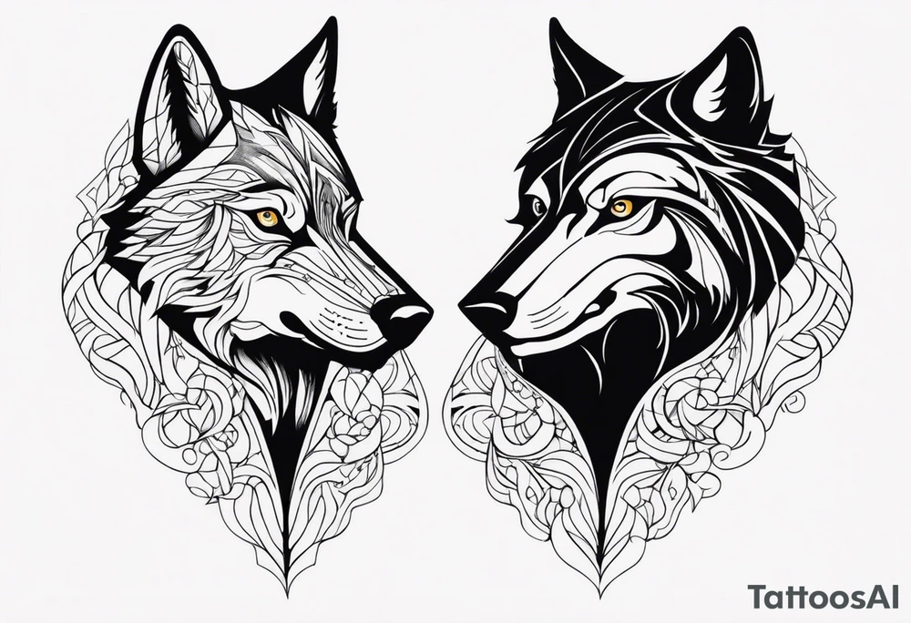 a wolf and a raven facing the front tattoo idea