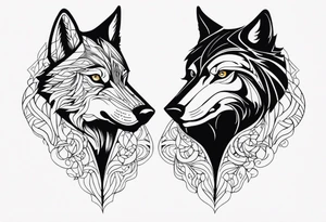 a wolf and a raven facing the front tattoo idea