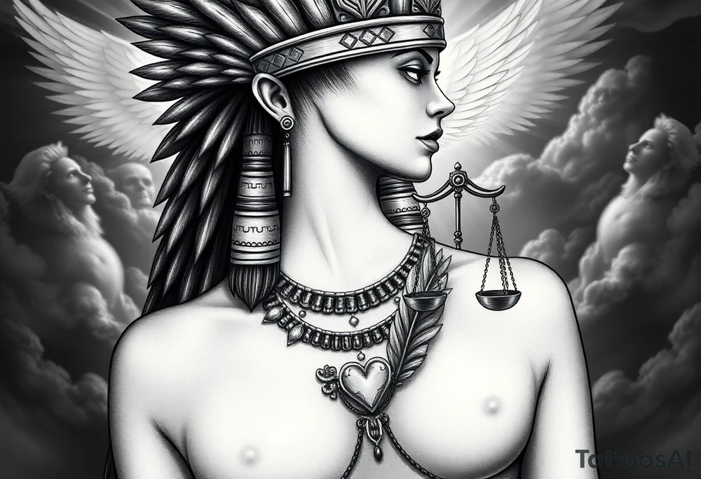 Beautiful Egyptian goddess with a curvy body and breasts. She is wearing an ostrich feather headdress, and intricate ancient Egyptian jewelry the Anhk necklace. Background includes something similar to heaven. Incorporate the Scales of Justice—one side holding a heart, the other Ma’at’s feather—glowing with ethereal energy. Emphasize dramatic lighting, deep shadows, and surreal, mystical atmosphere tattoo idea