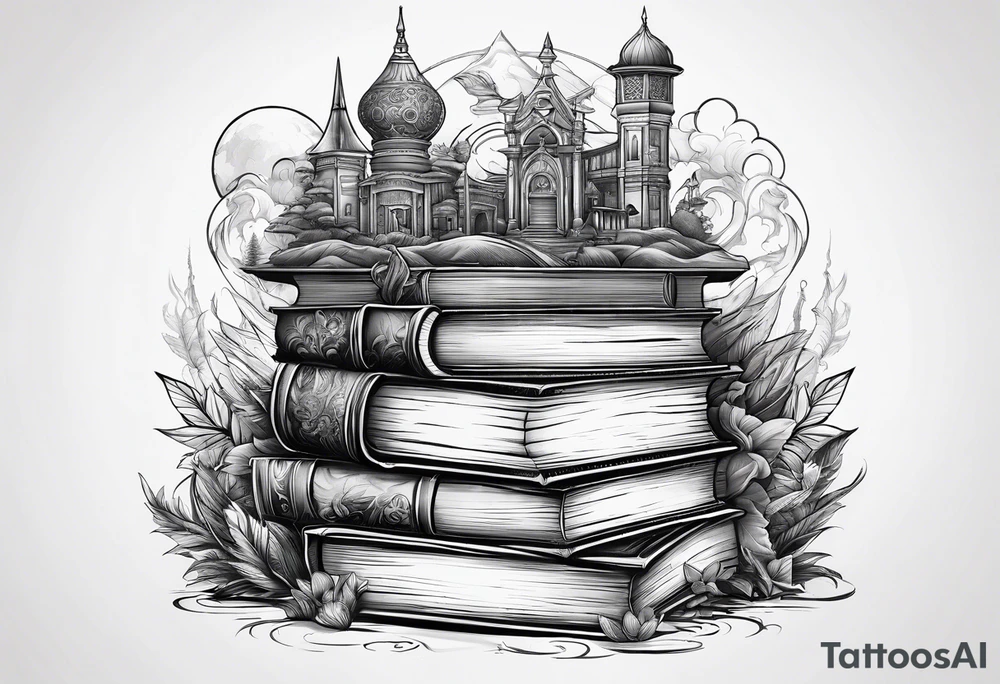 Stack of books surrounded by fantasy elements tattoo idea