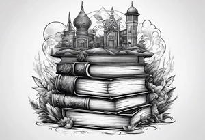 Stack of books surrounded by fantasy elements tattoo idea