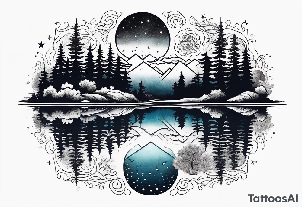 a lake reflecting a dark starry sky with a forest around it tattoo idea