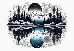 a lake reflecting a dark starry sky with a forest around it tattoo idea