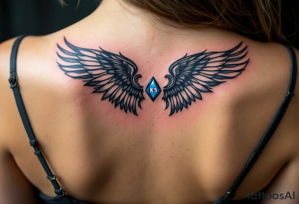A pair of black ink wings cradling a small, blue gem with the son’s initials KS inside. tattoo idea
