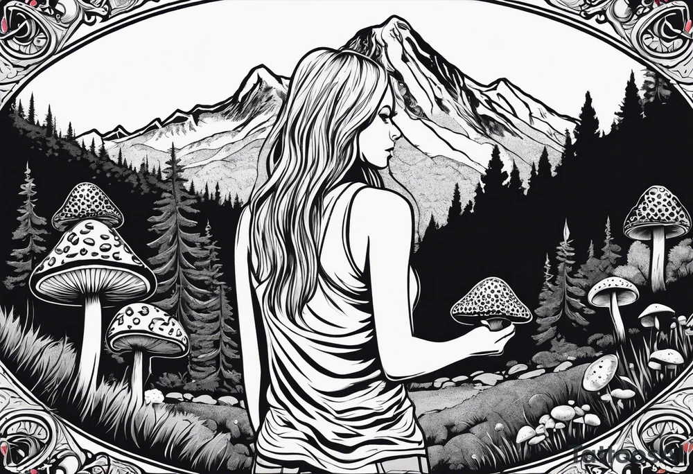 Straight long blonde hair hippie girl in distance holding mushrooms in hand facing away toward mountains and creek surrounded by mushrooms tee shirt and hiking pants; whole rendering within a full circle, no cut off circle tattoo idea