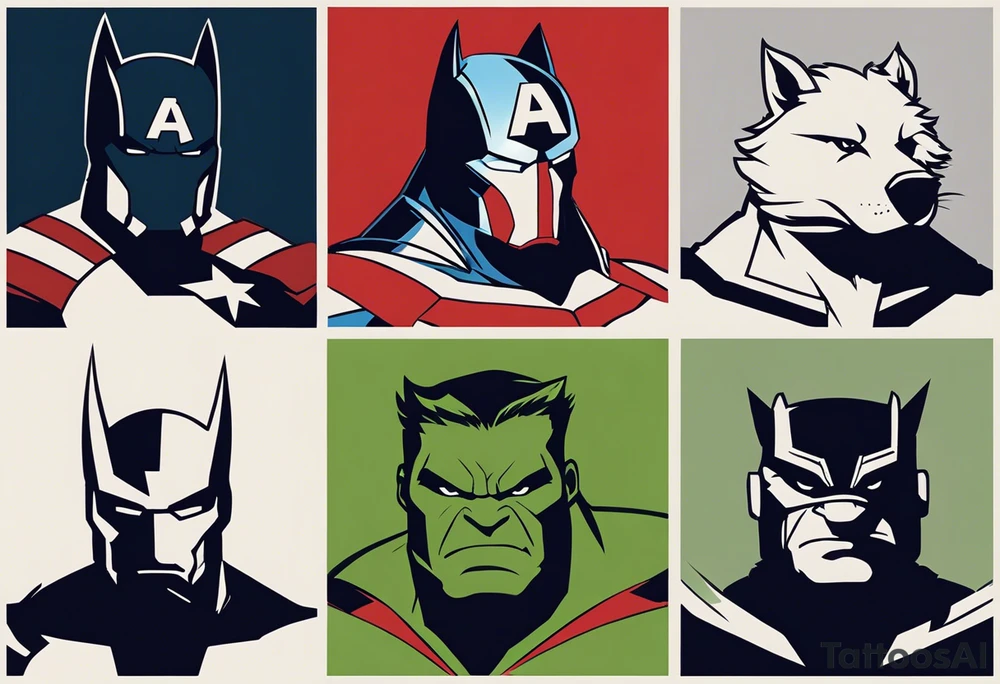 I want to change Avengers Team characters with animals. Hulk will be represented by a Badger.
Thor will be depicted as an Alpha Grey Wolf.
Captain America will be symbolized by a Bull.
Iron Man's character will be embodied by a Canary.
Black Widow's role will be portrayed by an Axolotl.
Hawkeye will be depicted as a Sudan Plated Lizard.
Nick Fury will be represented by a Cat. tattoo idea