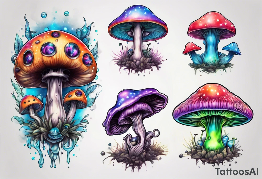 An alien having a psychedelic trip on mushrooms tattoo idea