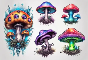 An alien having a psychedelic trip on mushrooms tattoo idea