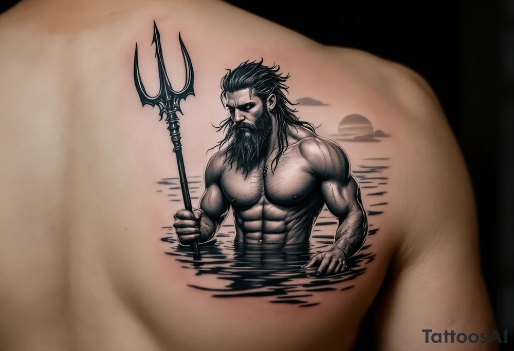 young, fit poseidon in calm water, holding a trident, holding a beer, with sunset tattoo idea