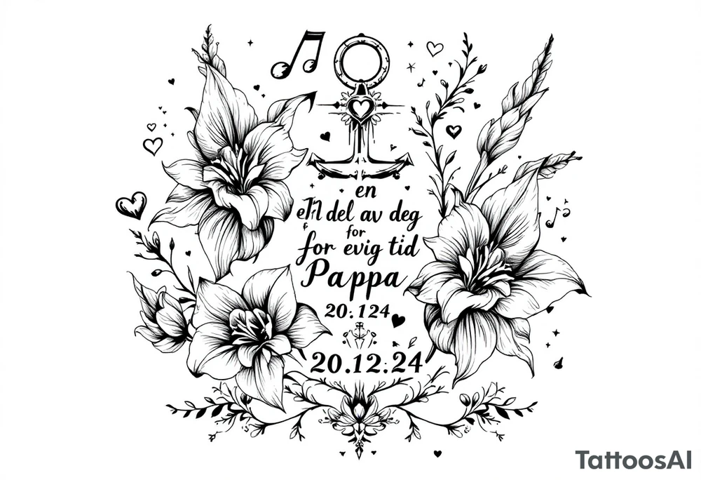 «En del av deg for evig tid
Pappa 20.12.24» Surrounded by long gladiolus, hearts, notes and an anchor tattoo idea