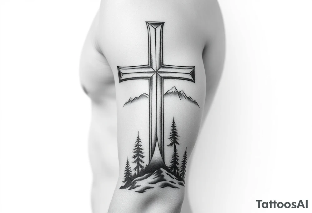 christian orthodox cross which is relatively small, with the diagonal line at the bottom with a light forrest with a light mountainous setting tattoo idea