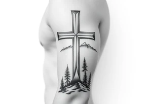 christian orthodox cross which is relatively small, with the diagonal line at the bottom with a light forrest with a light mountainous setting tattoo idea