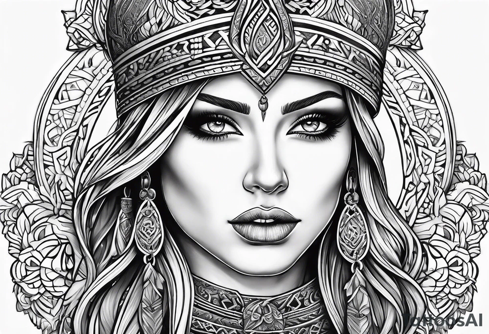 Viking, feminine warrior, mandala, bedroom eyes, headshot, closeup tattoo idea