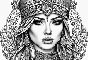 Viking, feminine warrior, mandala, bedroom eyes, headshot, closeup tattoo idea