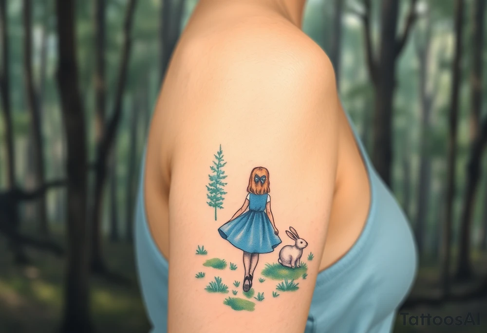 Back view of a girl in a blue dress walking in a forest following a small white rabbit. A pocket watch on top of the scene, falling amongst the trees tattoo idea
