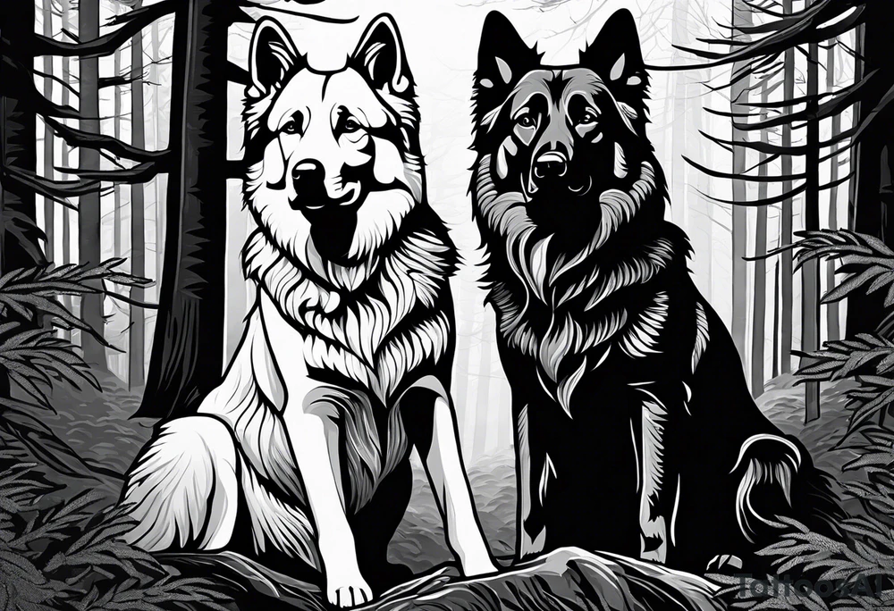 two norwegian elkhounds guarding a dark forest. Make them appear royal tattoo idea two norwegian elkhounds guarding a dark forest. Make them appear royal tattoo idea