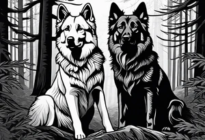 two norwegian elkhounds guarding a dark forest. Make them appear royal tattoo idea