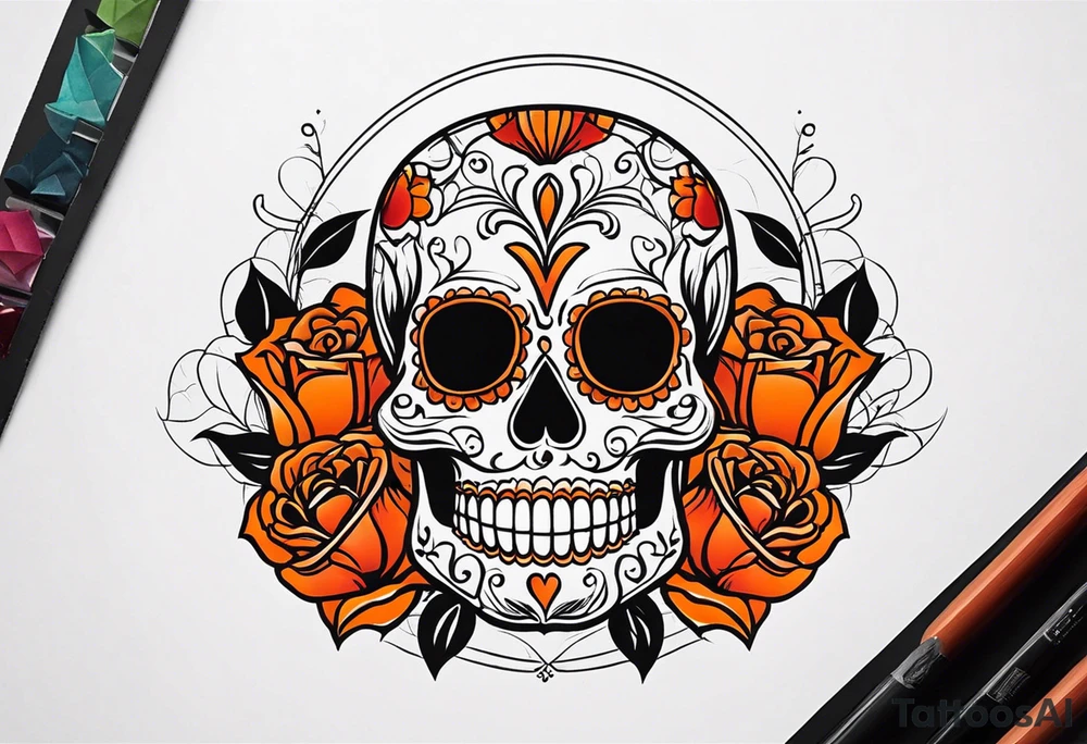 Orange Sugar skull with roses that are orange and red with smoke around it tattoo idea
