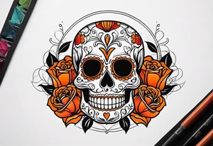 Orange Sugar skull with roses that are orange and red with smoke around it tattoo idea