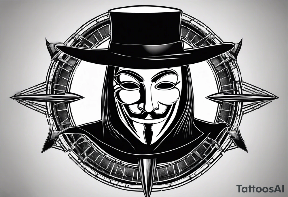 Centered v for vendetta, mask only. No hat.   Vintage compass surround. Crossed fencing swords. Pop art tattoo idea