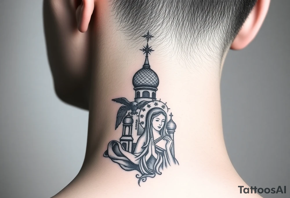 Flowing Scene

A single onion dome rising up toward the ear
Virgin Mary in prayer pose wrapping around the lower neck curve
A small eagle or just the star tucked above the dome near the hairline tattoo idea