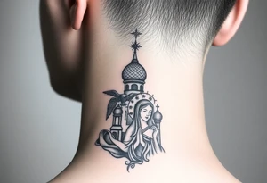 Flowing Scene

A single onion dome rising up toward the ear
Virgin Mary in prayer pose wrapping around the lower neck curve
A small eagle or just the star tucked above the dome near the hairline tattoo idea