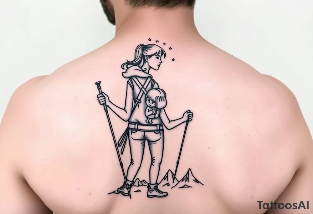 one line tattoo with a woman holding hiking poles and climbing, with a little girl inside her cheering for her inside her tattoo idea