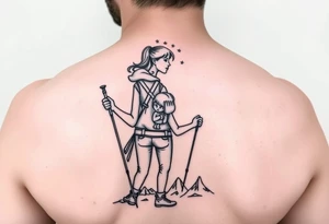 one line tattoo with a woman holding hiking poles and climbing, with a little girl inside her cheering for her inside her tattoo idea