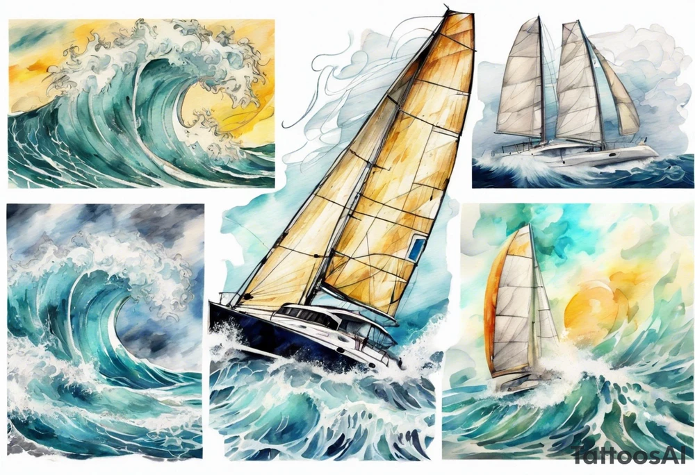 Sailing Catamaran in Rough weather and waves tattoo idea
