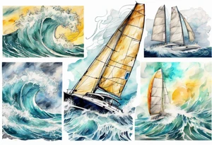 Sailing Catamaran in Rough weather and waves tattoo idea