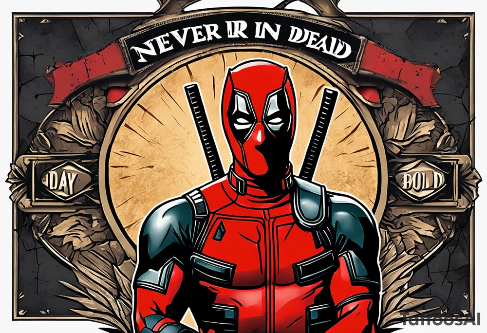 Banner with Text: A worn, dark banner wraps around Deadpool with the phrase "NEVER DEAD" in bold, cracked letters that give a strong and aggressive impression. The banner has small torn details, as if it’s been through rough conditions, with shading that adds depths. tattoo idea