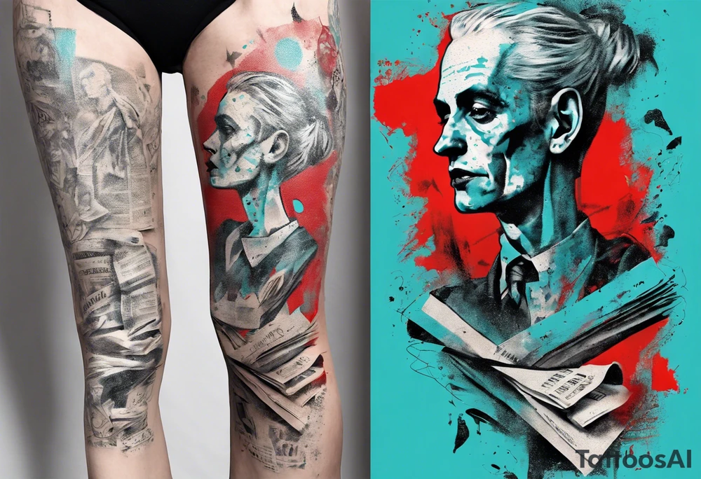 an art showing a newspaper on the leg and shoulder, old ritual, in the style of abstract portraits, textured pigment planes, red and cyan, stencil art, gothic romanticism, full white background, include seed tattoo idea