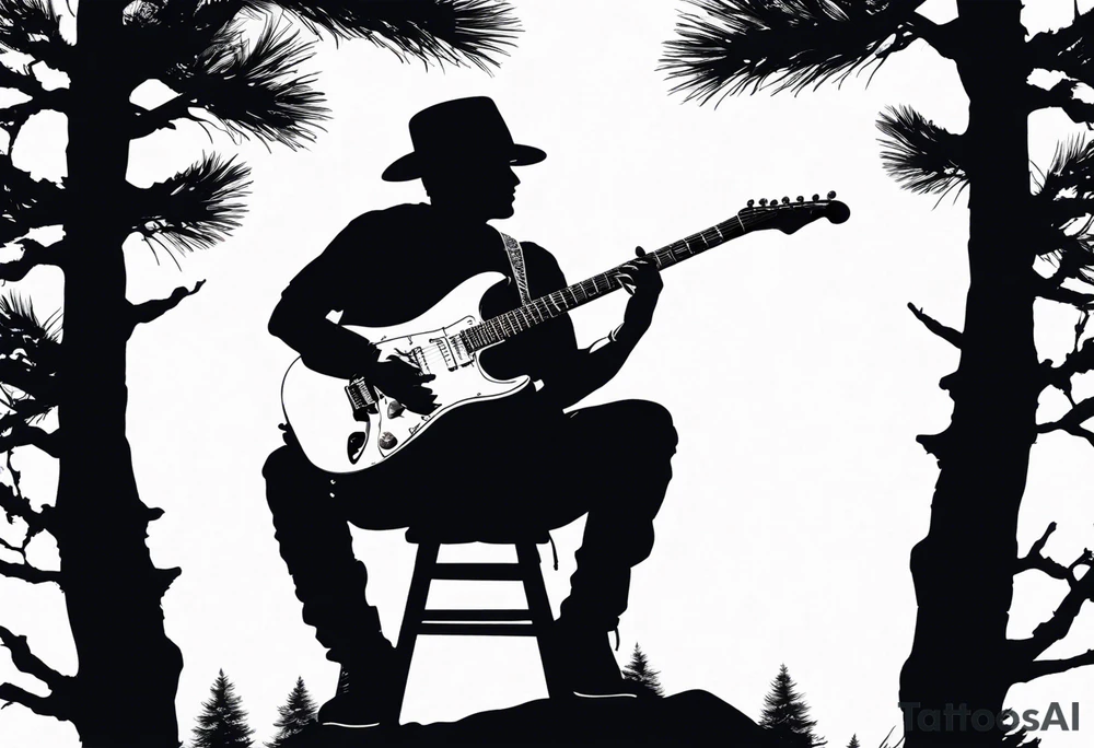silhouette of a man playing electric guitar while sitting in a pine tree. tattoo idea silhouette of a man playing electric guitar while sitting in a pine tree. tattoo idea