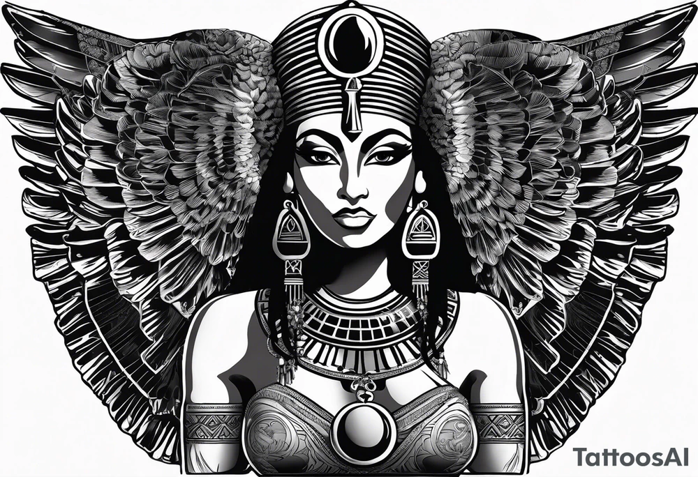 black and white Egyptian goddess Isis, who is often depicted as a woman with outstretched wings, holding an ankh (a symbol of life) in one hand and a lotus flower in the other. Her headdress often includes a throne or a solar disk. The tattoo design can vary in style and size, but it typically aims to capture the essence of this revered Egyptian deity, emphasizing her beauty, power, and maternal qualities. The choice of colors and additional elements can also be customized to create a unique and visually striking representation of the goddess Isis tattoo idea