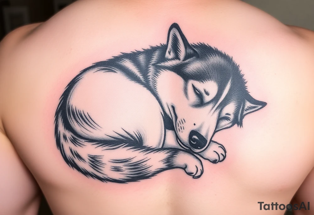 Majestic Siberian husky curled up napping tattoo idea