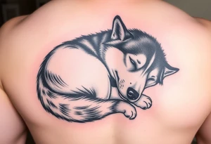 Majestic Siberian husky curled up napping tattoo idea