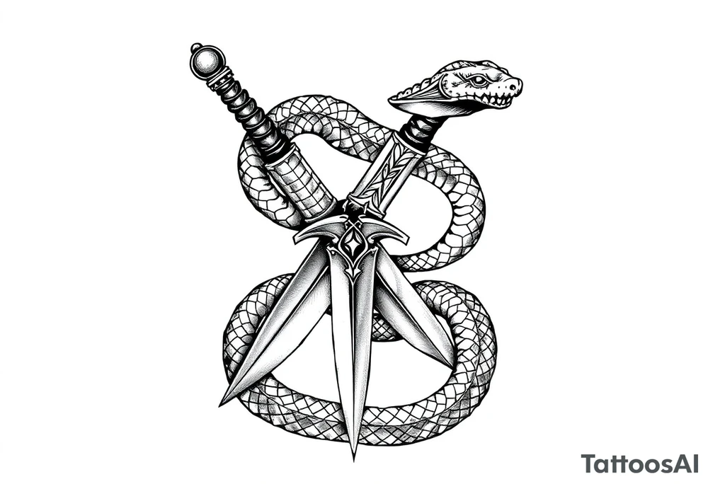 mystical snake coiled around an ancient dagger with jeweled hilt tattoo idea