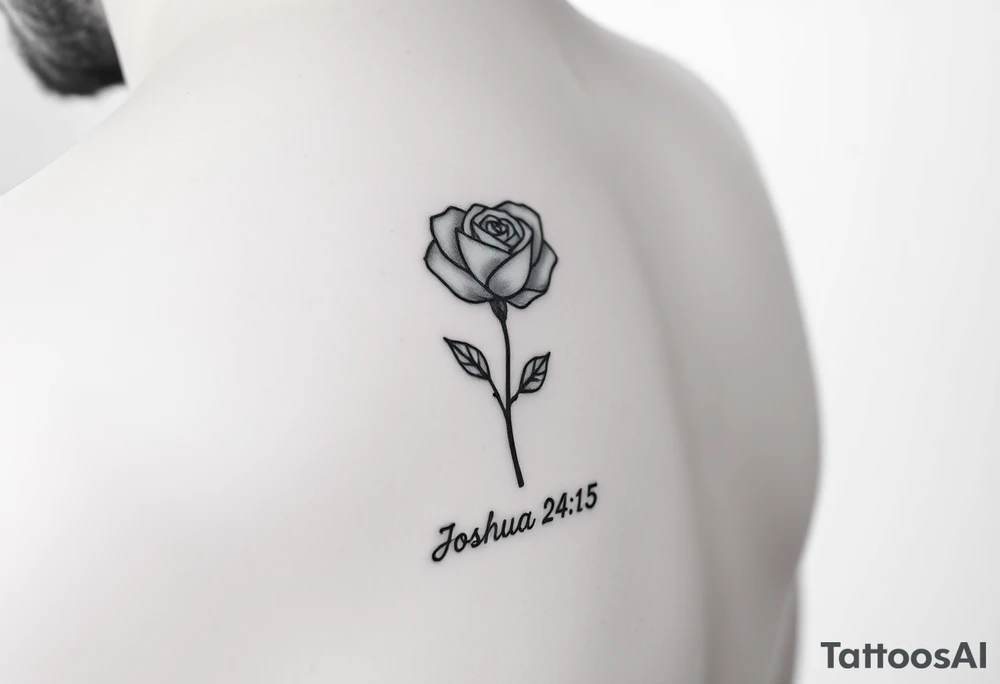 fine-line rose on my inner wrist, with the stem flowing down into the word Joshua 24:15 in tiny clean text underneath. Blessed with blessed added tattoo idea