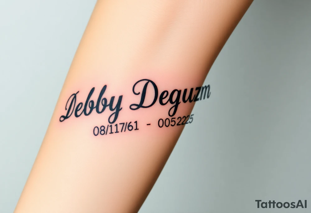 Tattoo of the exact name Debby Deguzman in chunky bold curly cursive with the exact dates of 08/17/61-05/29/25 surrounded by 1 hummingbird and 1 rose tattoo idea