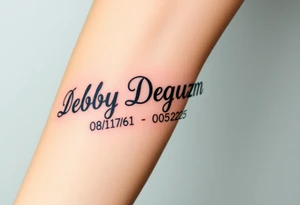 Tattoo of the exact name Debby Deguzman in chunky bold curly cursive with the exact dates of 08/17/61-05/29/25 surrounded by 1 hummingbird and 1 rose tattoo idea