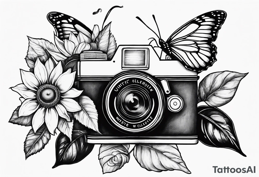 Book, sunflower, camera, butterfly, flower rose tattoo idea Book, sunflower, camera, butterfly, flower rose tattoo idea