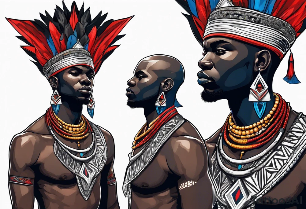 Black-skinned bald african warrior. He wears a simple and small silver crown. He uses blue and red necklaces tattoo idea