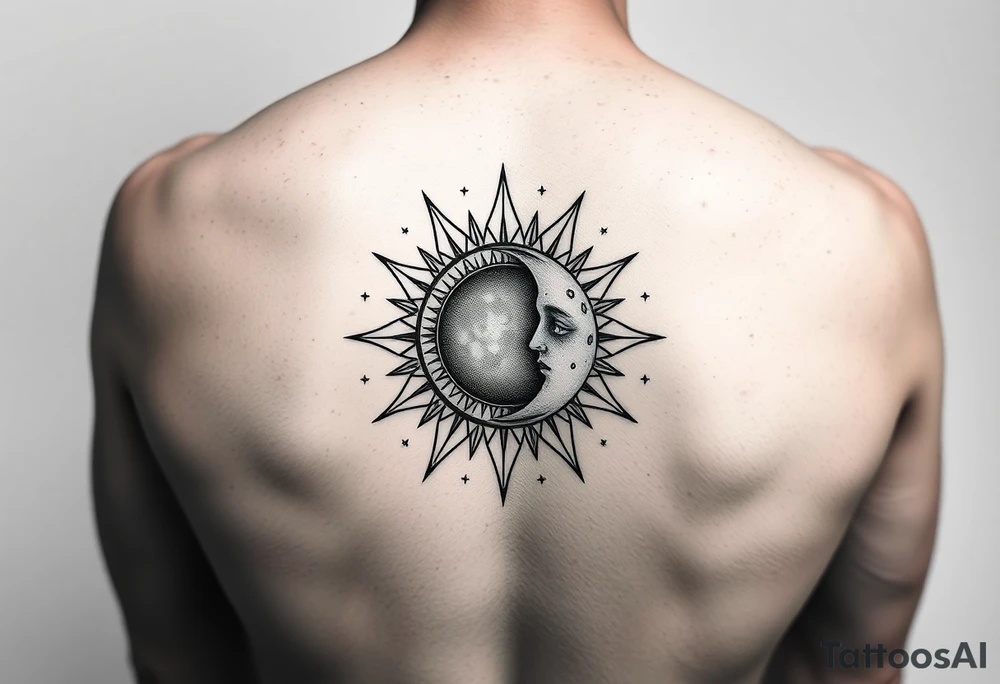 celestial sun and moon embrace with constellation patterns tattoo idea